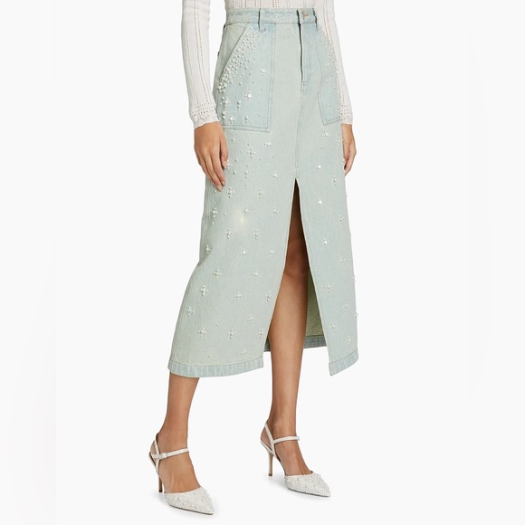 Sea Light Blue Embroidered Denim Midi Skirt - Picture 3 of 15